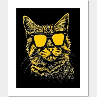 Cool Yellow Cat with Sunglasses - Hipster Cat Illustration Posters and Art